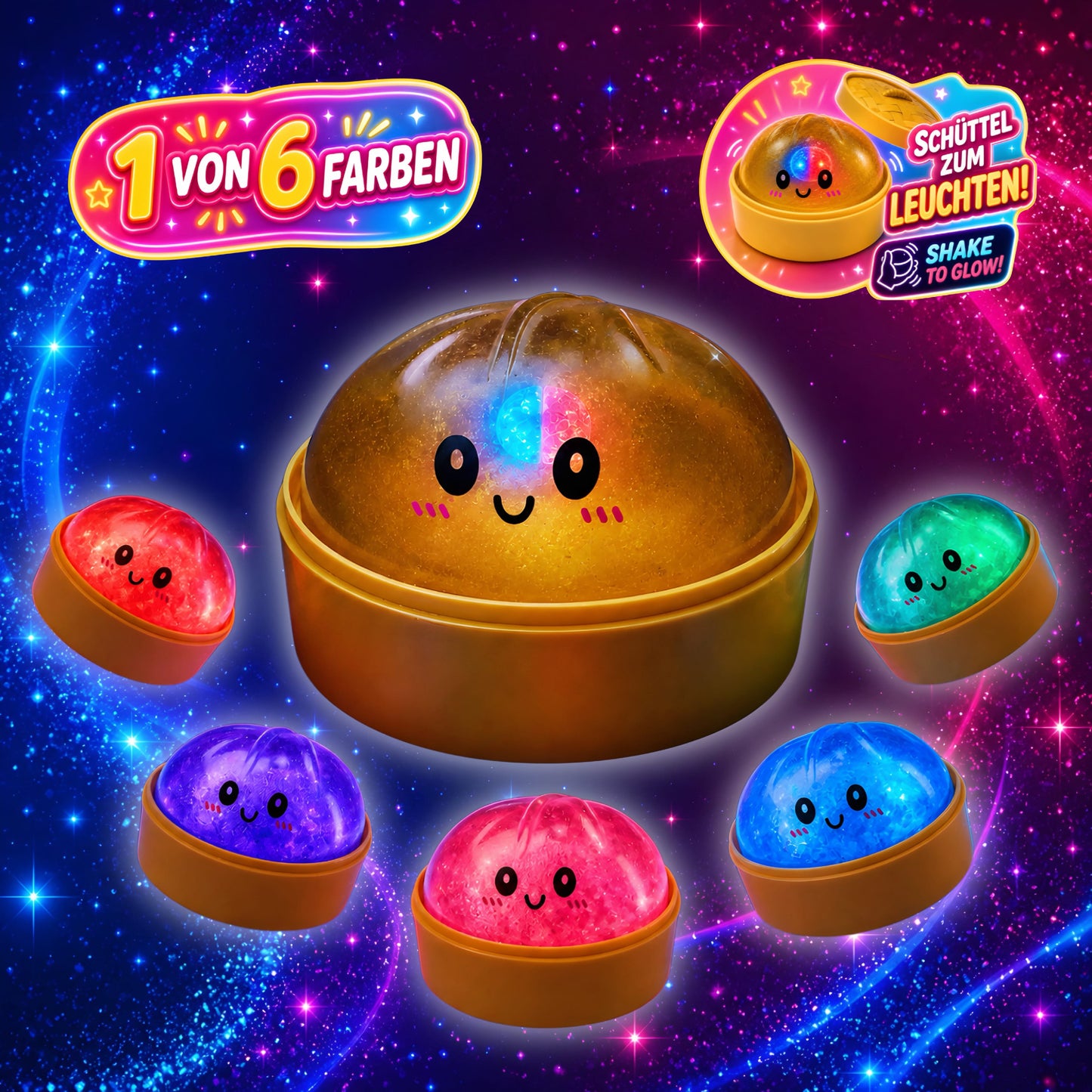 CandyPeak Leuchtender Squishy Squeeze Dumpling Buns - 100% Glitter Dumpling mit eingebautem Licht garantiert, Anti Stress Spielzeug (zufällige Farbe)