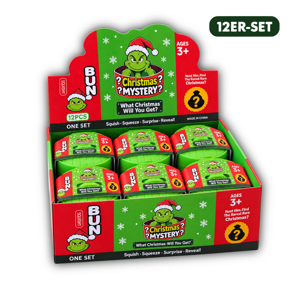 CandyPeak 12er-Set Mystery Squishy Dumplings (Grinch Edition), Anti Stress Spielzeug, 100% Glitter Edition garantiert