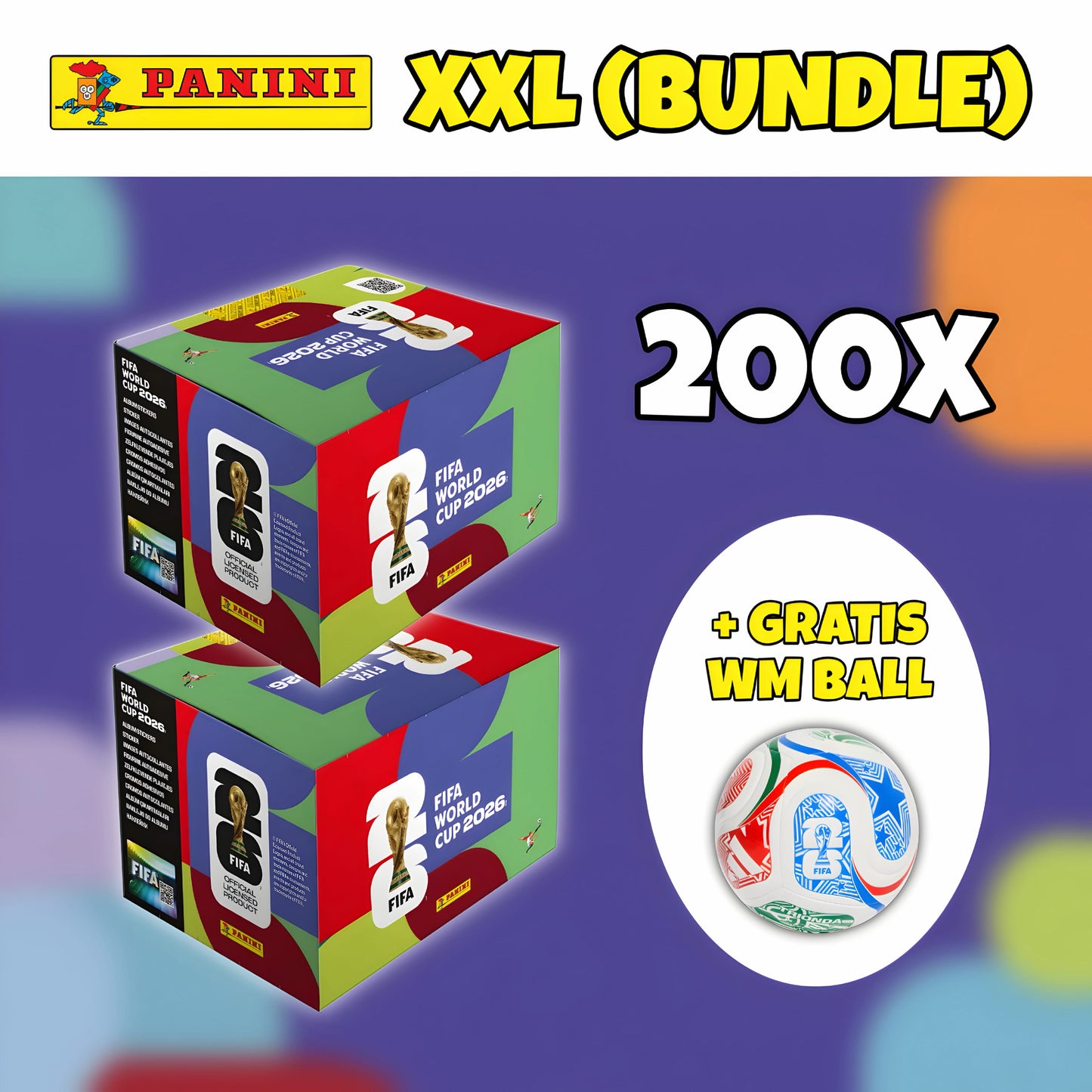 Panini 200er-XXL Bundle (+gratis WM Ball) Panini FIFA World Cup WM 2026 Sammelsticker (7 Sticker je Pack)