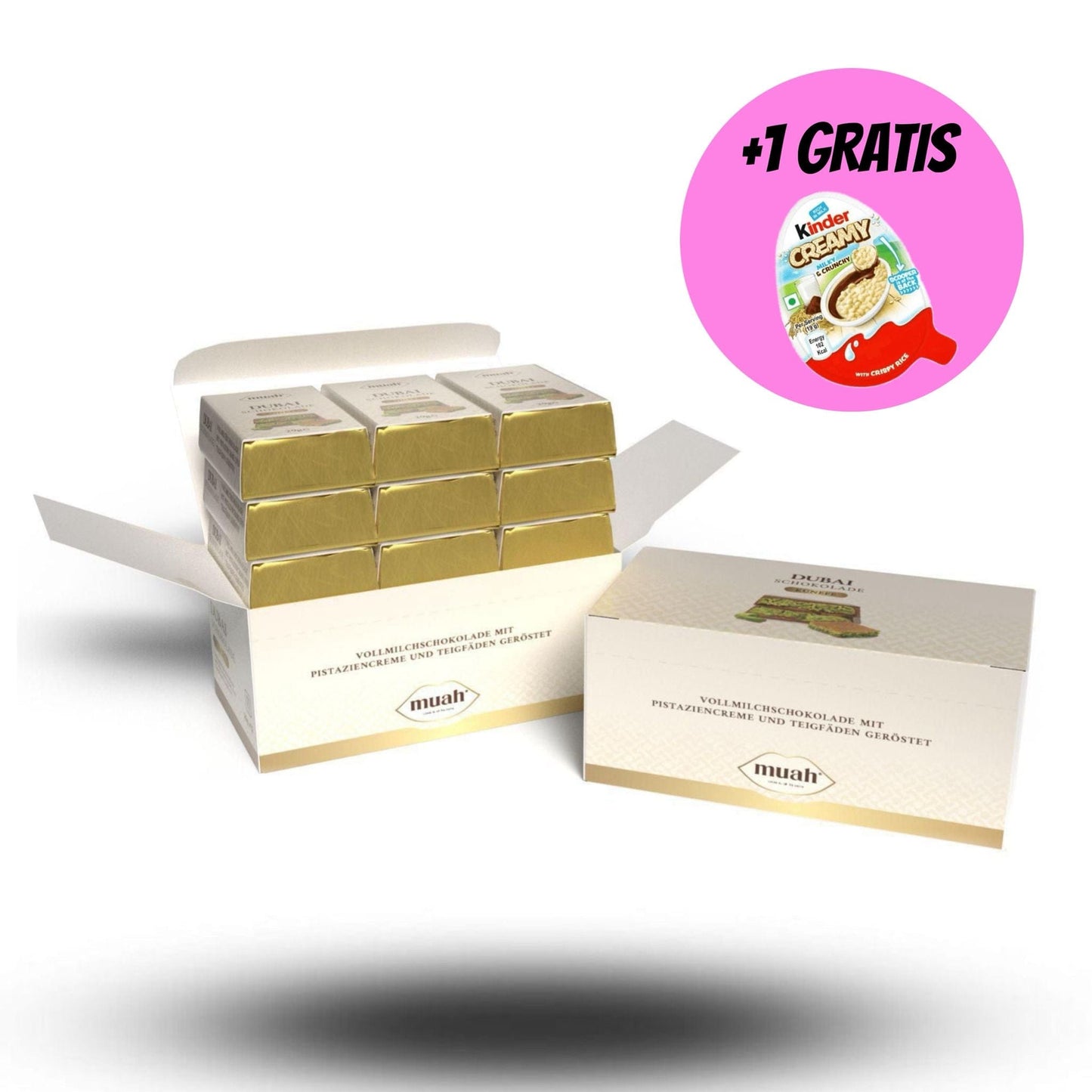 Muah 24x Muah Schokolade à la Dubai 21g + Gratis Kinder Creamy