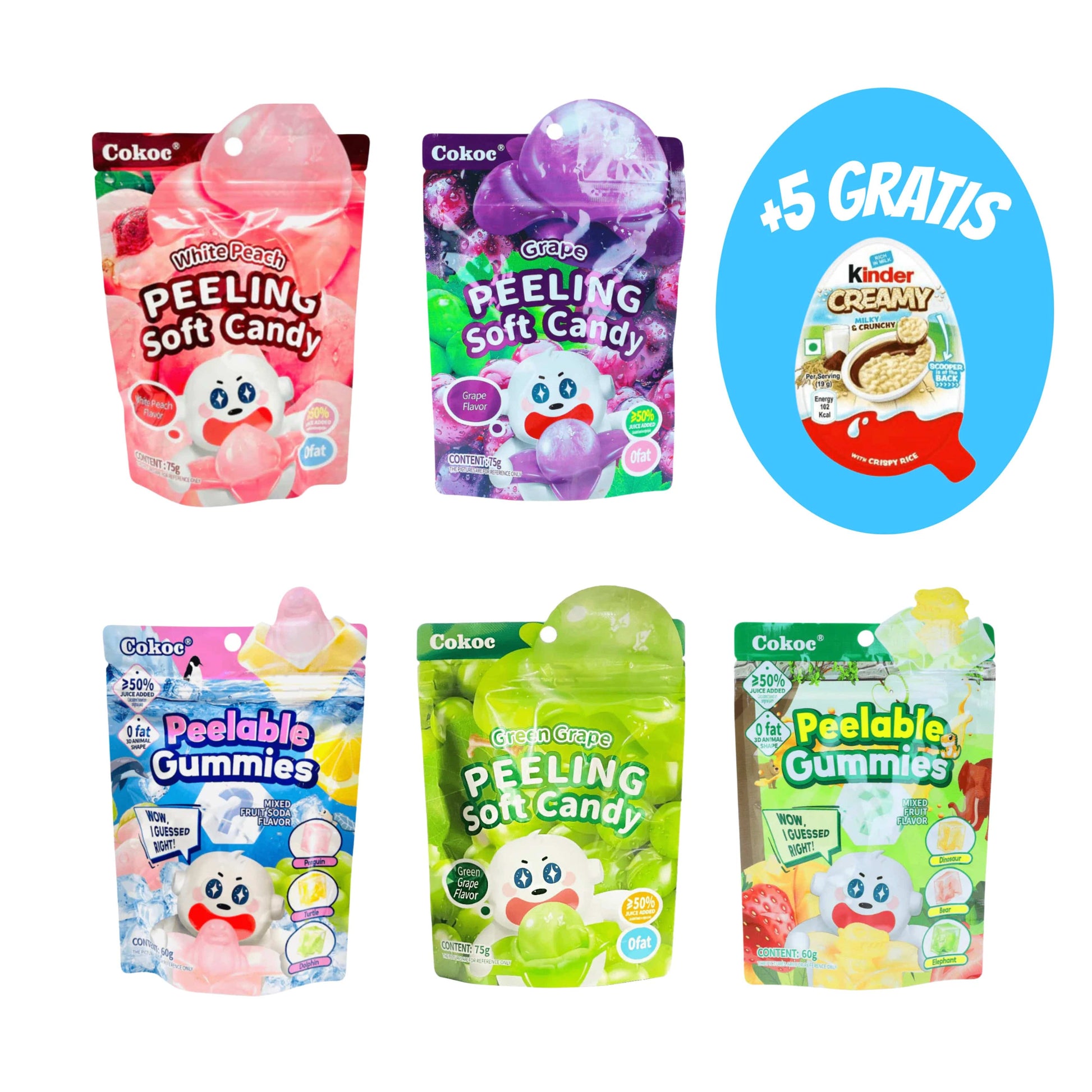 CandyPeak 5x Cokoc - Peel off Candy (versch. Sorten) Probierbundle + 5x gratis Kinder Creamy