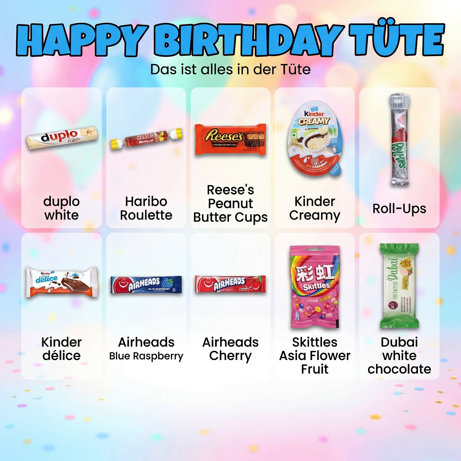 CandyPeak Gefüllte Happy-Birthday Tüte (10 Süßigkeiten aus aller Welt)