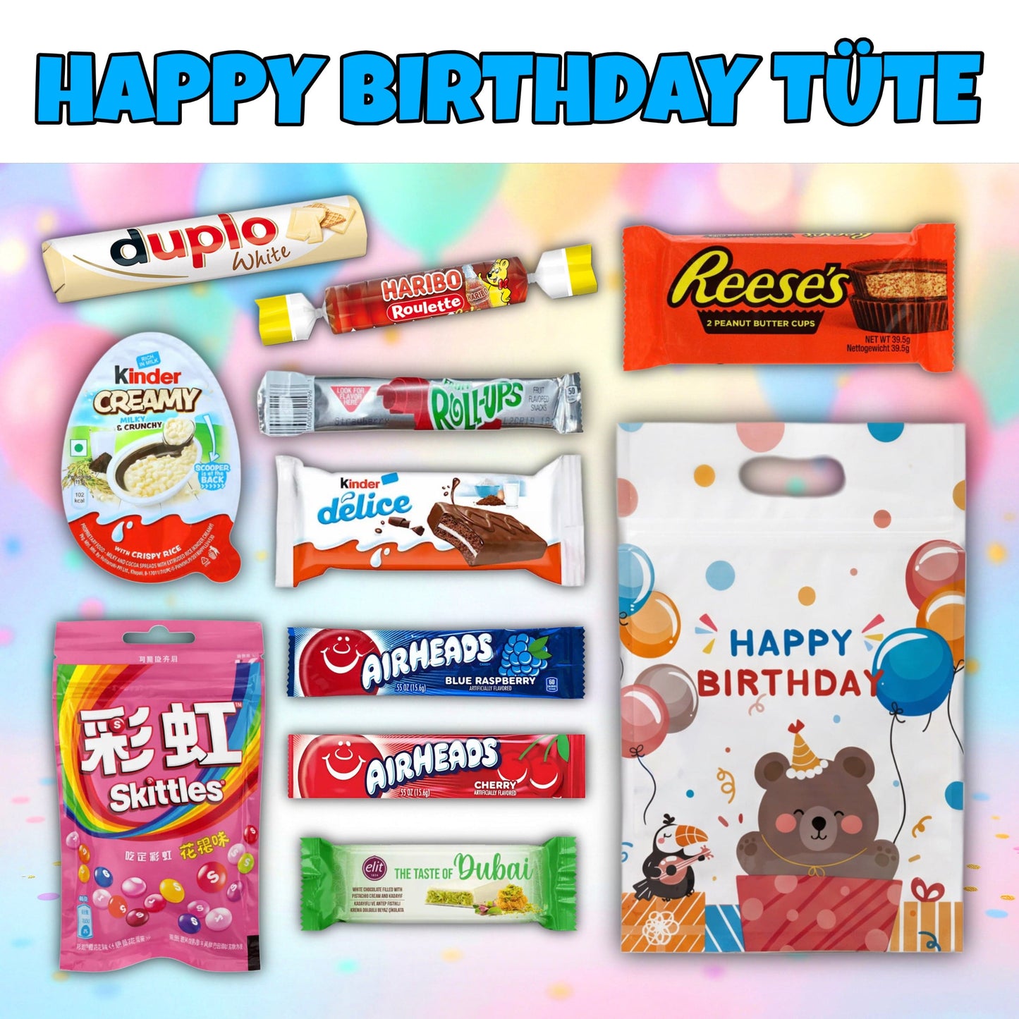 CandyPeak Gefüllte Happy-Birthday Tüte (10 Süßigkeiten aus aller Welt)