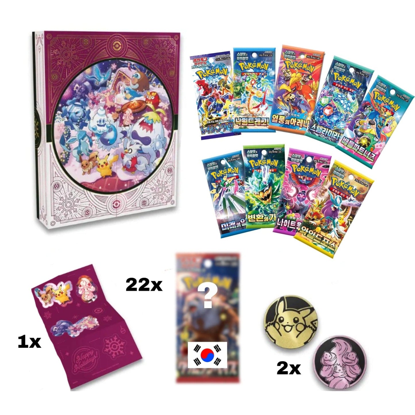 Pokemon Pokémon Sammelkarten Adventskalender (22x Koreanische Booster, 2x Pokémon Münzen, Limitierte Sticker)
