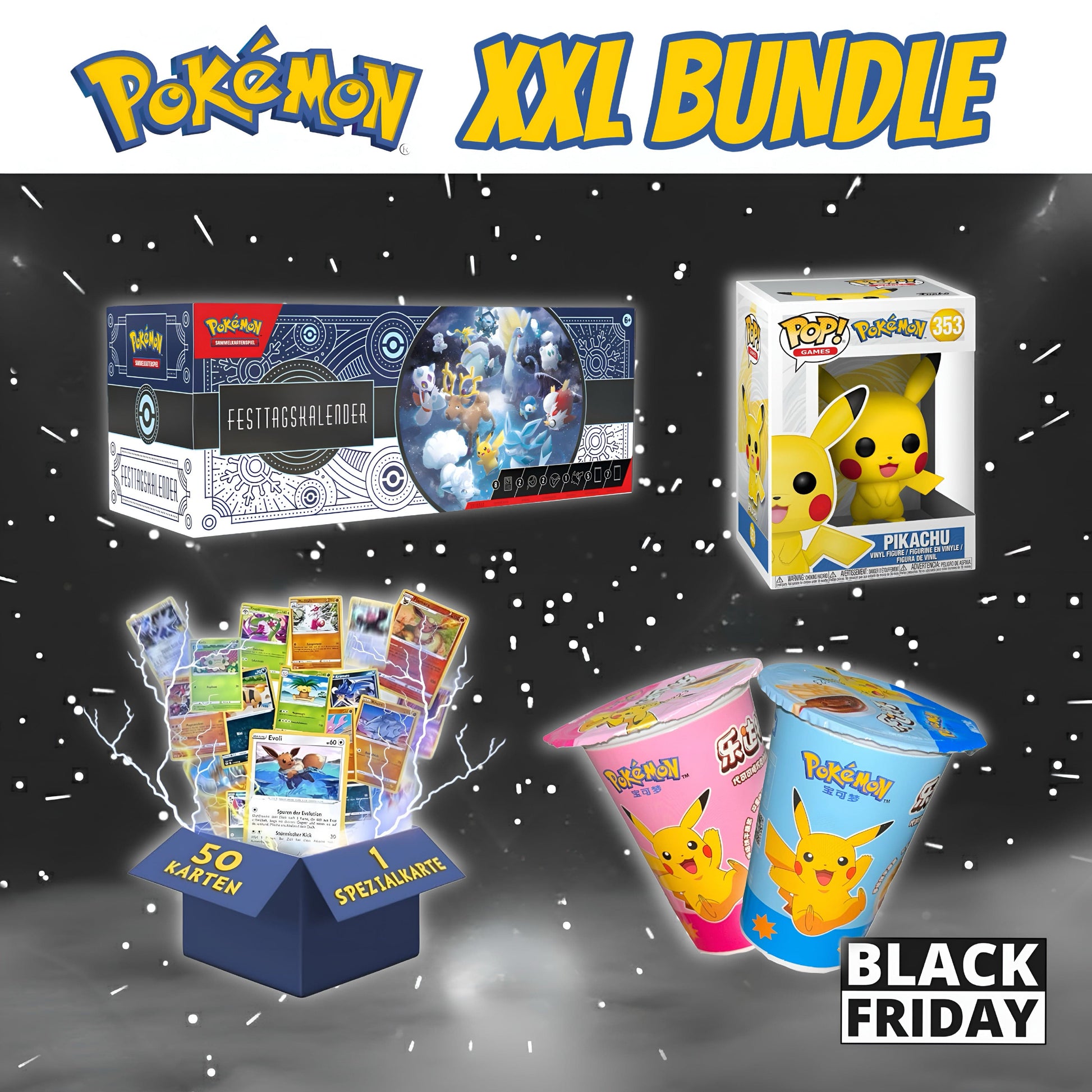 CandyPeak Pokémon XXL Bundle (1x Adventskalender/50x Sammelkarten/1x FunkoPOP Pikachu/1x Pokémon DipNGo)